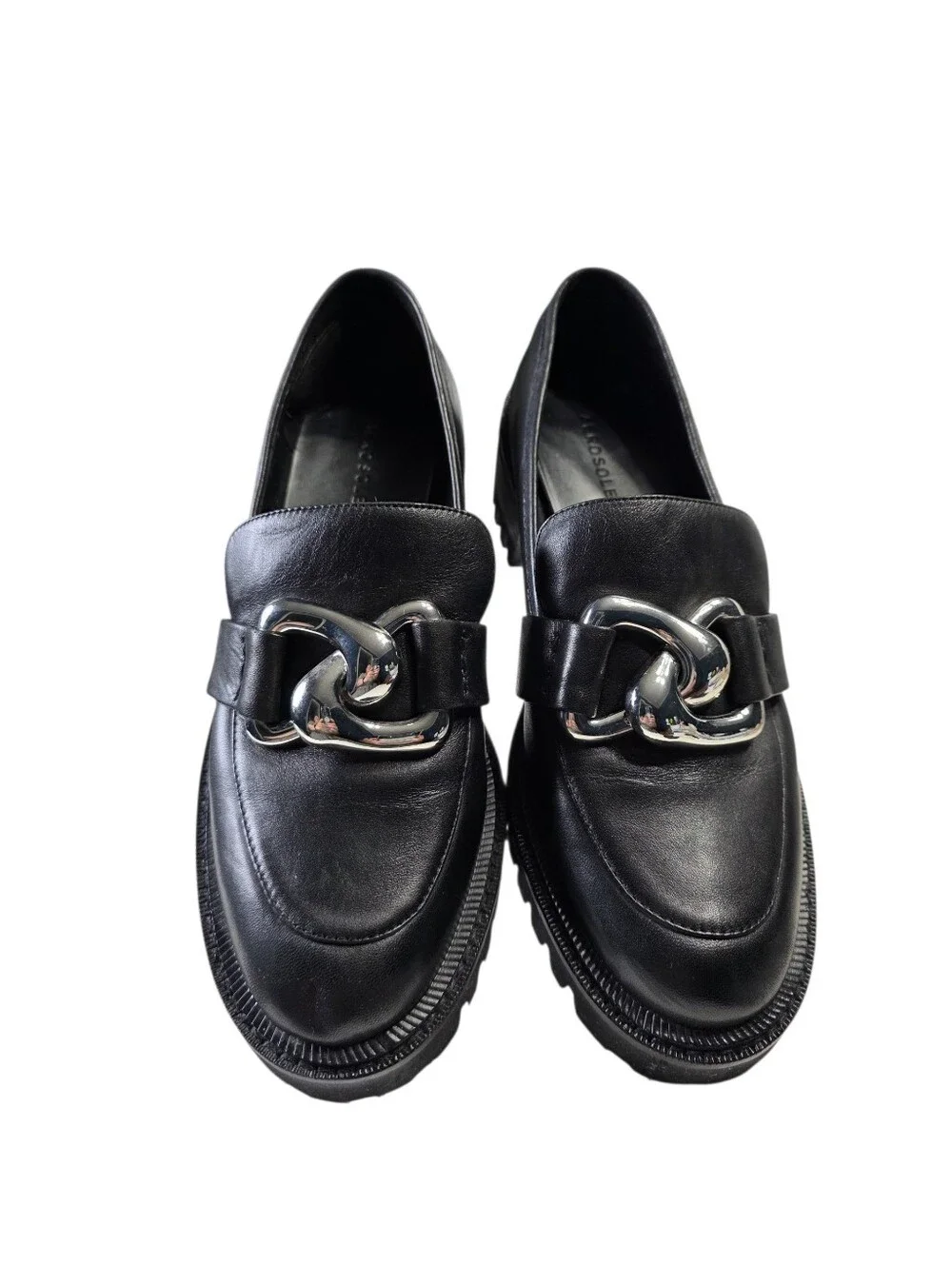 Aerosoles Black Leather Chain-Trim Lug Sole Loafers - Women Size 81/2